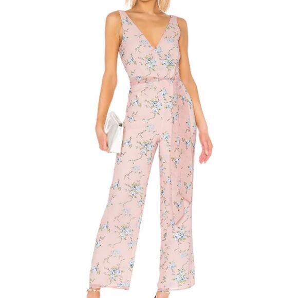New LPA Alina Light Pink Floral Wide Leg Belted Jumpsuit - Picture 1 of 10